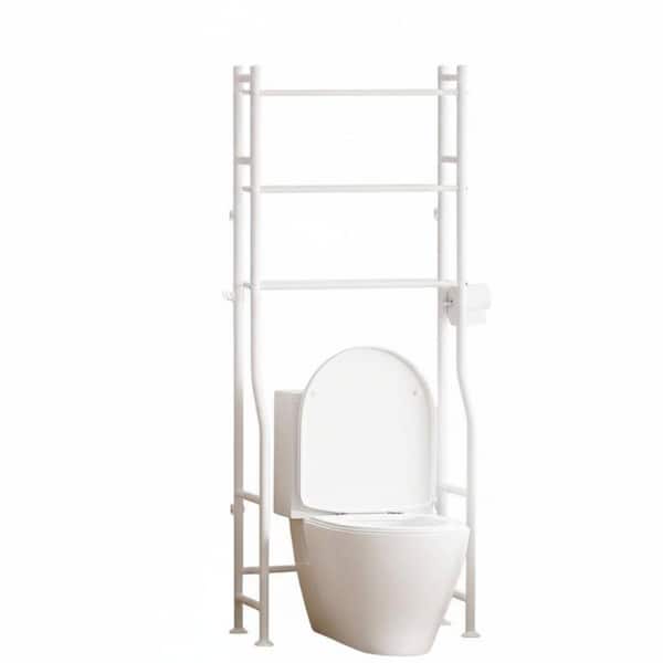 1-Piece Metal 3-Tier Over The Toilet Storage, Space Saver Bathroom Shelves, Freestanding Storage Shelf, 4 Hooks in White