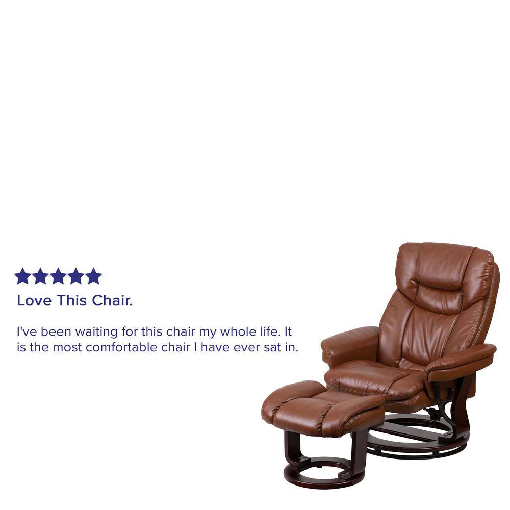 Brown Leather Swivel Recliner with Ottoman and Wood Base