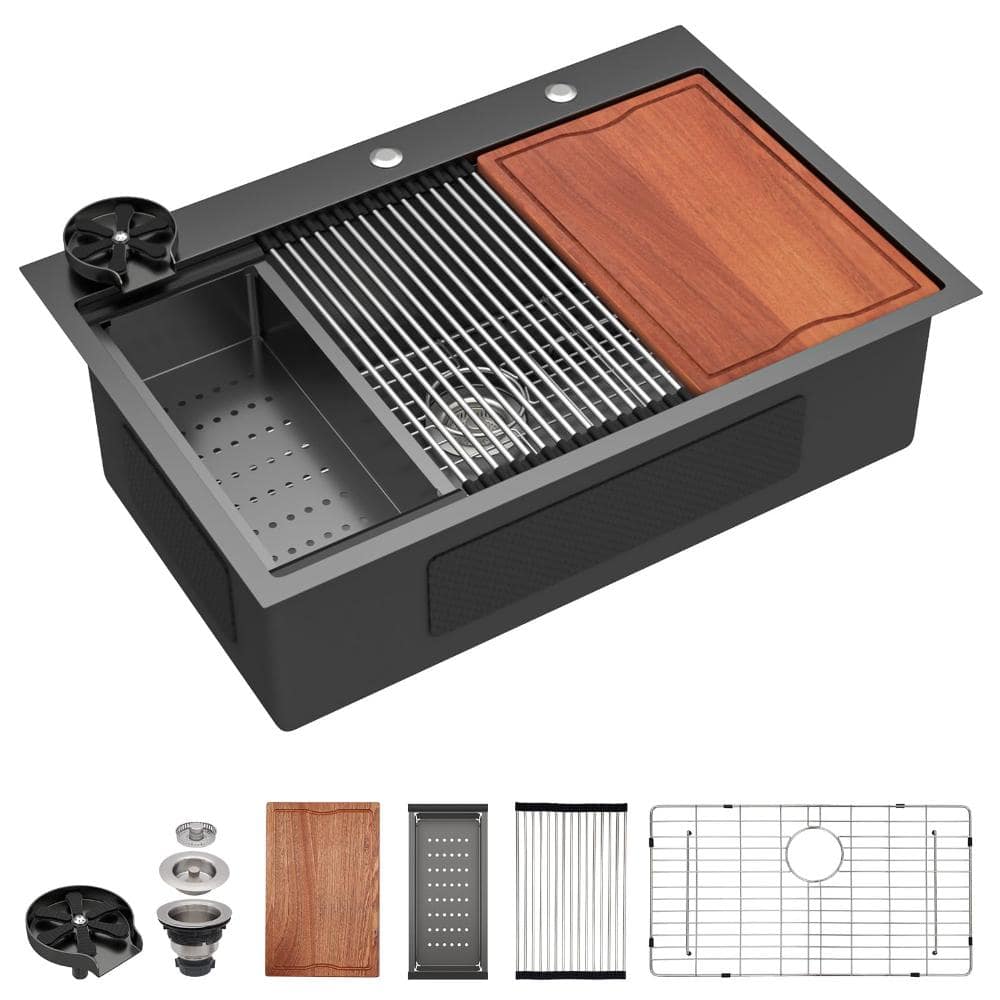 "33"" Gunmetal Black Drop-In Kitchen Sink Workstation with Cup Washer, 16 Gauge Stainless Steel Single Bowl" price history on PriceWatchPro