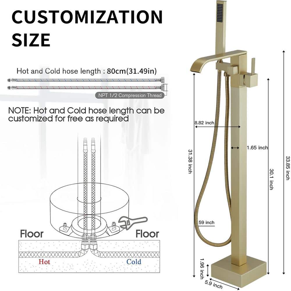 Brushed Gold Freestanding Roman Tub Faucet with Hand Shower