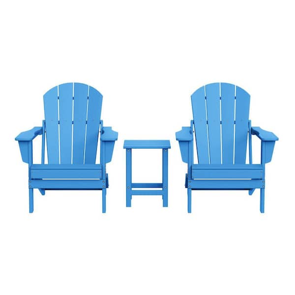 Laguna 3-Piece Fade Resistant Outdoor Patio HDPE Poly Plastic Folding Adirondack Chair Set, Side Table in Pacific Blue