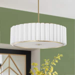 24 in. 5-Light Gold Pleated Drum Chandelier with White Fabric Shade