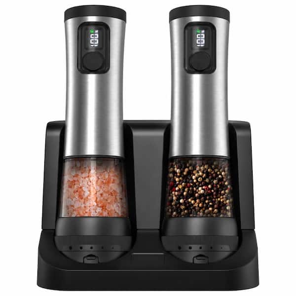 Electric Salt and Pepper Grinder Set with LED Display, Dual Charging Base, and 5 External Coarseness Settings