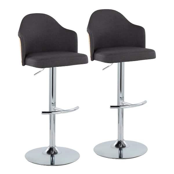 Lumisource Ahoy 33 in. Charcoal Fabric, Natural Wood and Chrome Metal Adjustable Bar Stool with Rounded T Footrest (Set of 2)