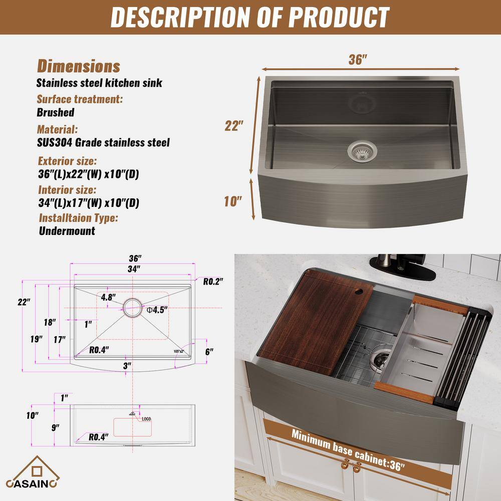 36" Brushed Stainless Steel Farmhouse Kitchen Sink with Accessories