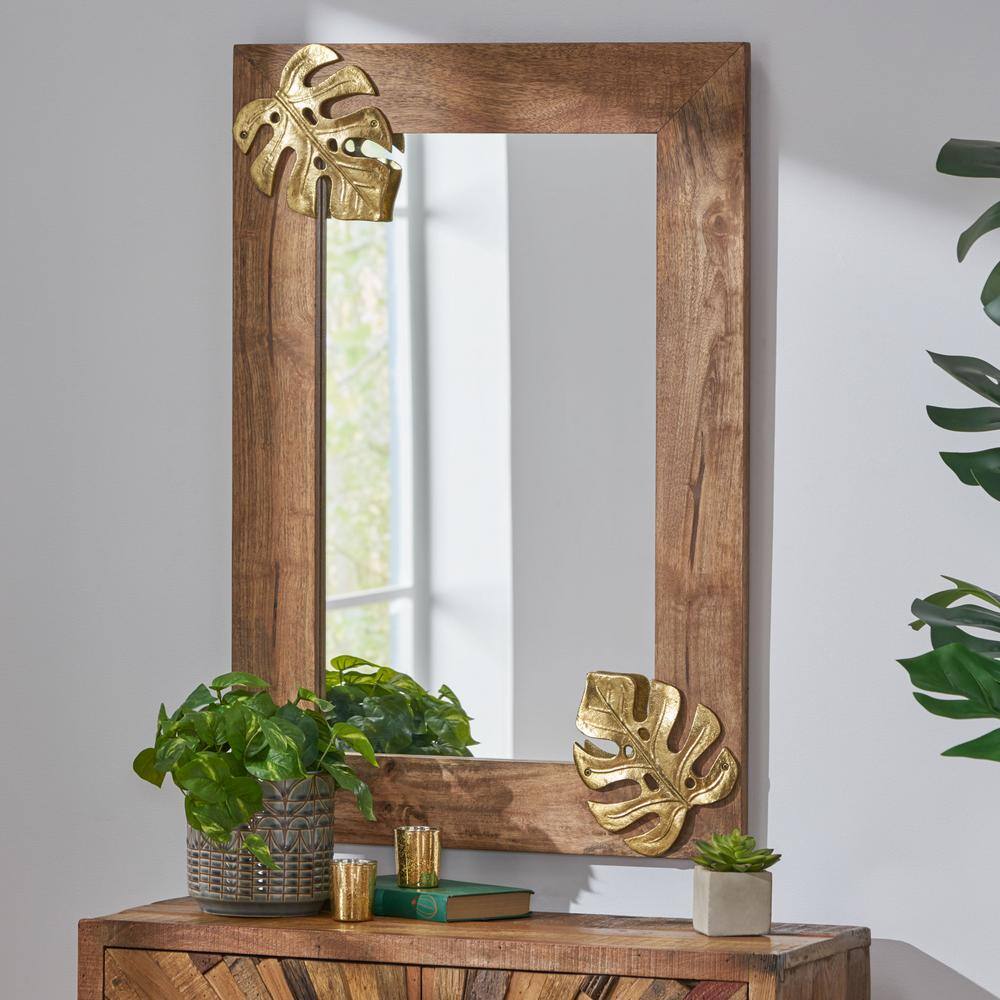 Handcrafted Medium Natural Mango Wood and Gold Decorative Mirror