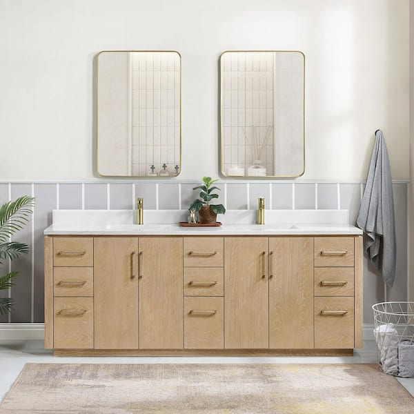 ROSWELL San 84 in.W x 22 in.D x 33.8 in.H Double Sink Bath Vanity in Washed Ash Grey with White Composite Stone Top