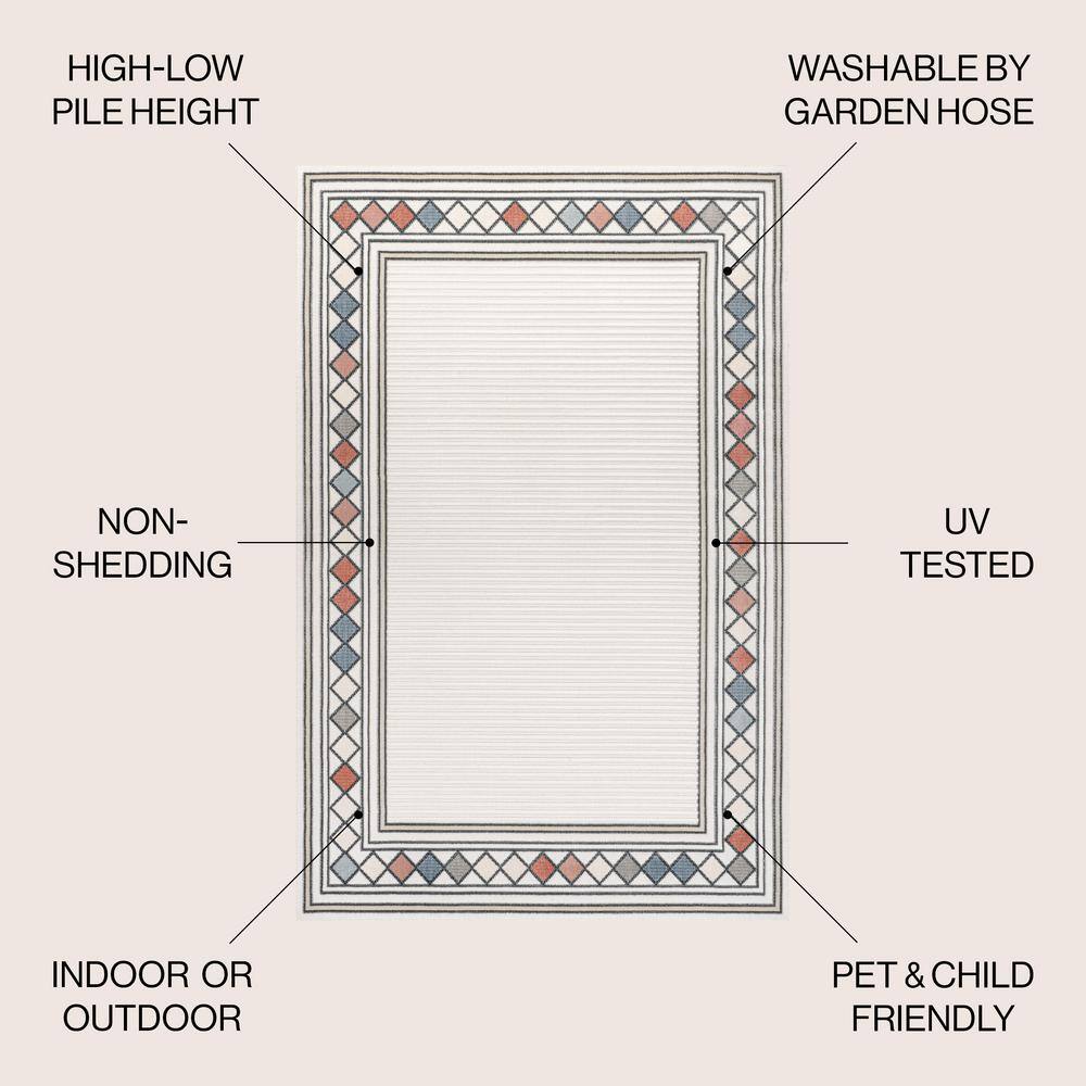Ivory and Beige Geometric Synthetic 3' x 5' Indoor/Outdoor Rug
