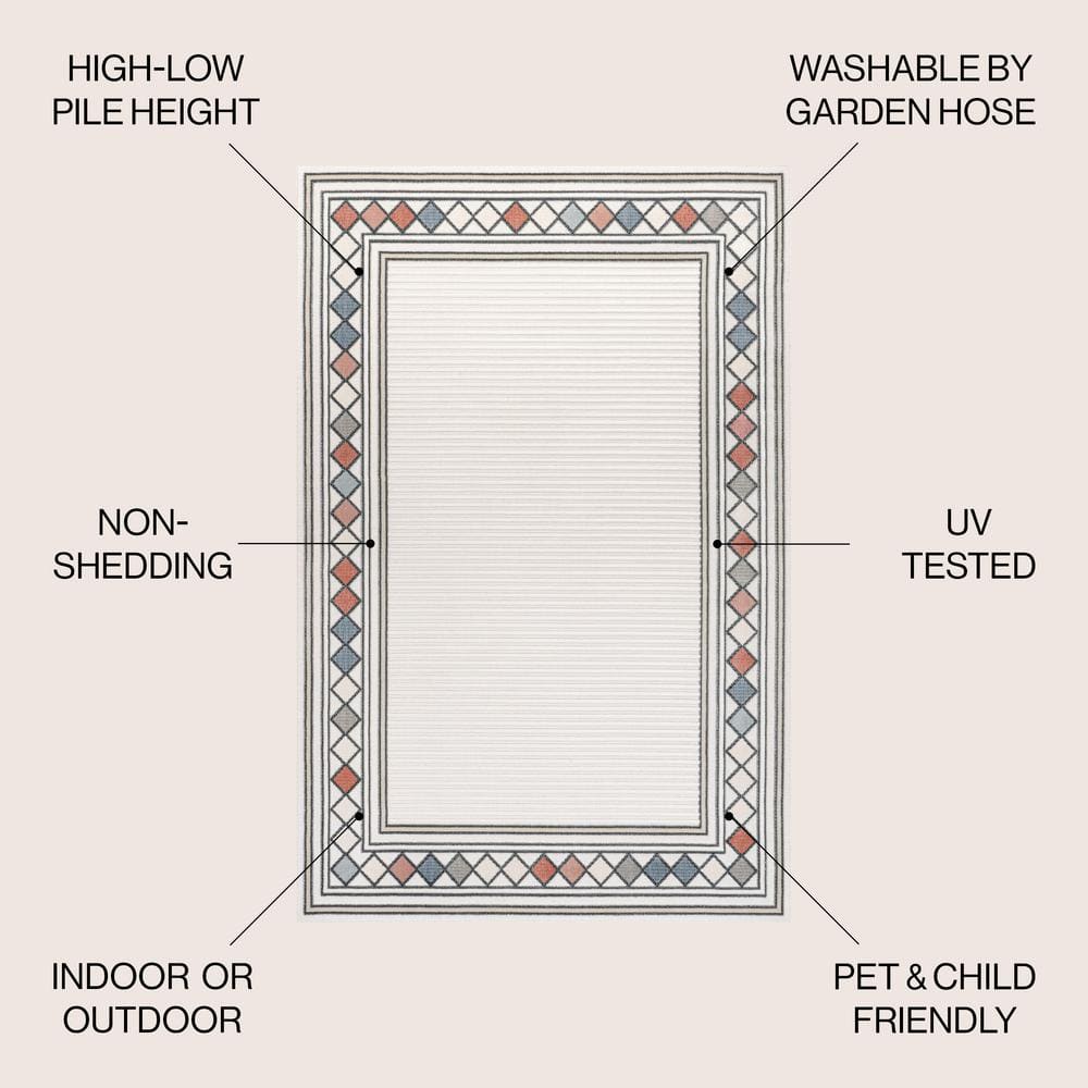 Ivory Beige Geometric Synthetic 5'x8' Reversible Indoor/Outdoor Rug