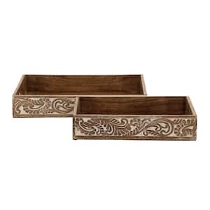 Brown Mango Wood Decorative Tray with Carved Sides (Set of 2)