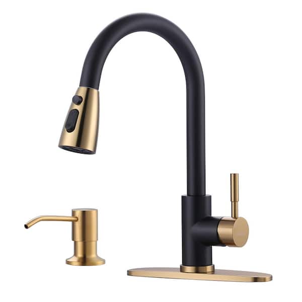ARCORA Single Handle Pull Down Sprayer Kitchen Faucet with Deck plate and Soap Dispenser in Black and Gold