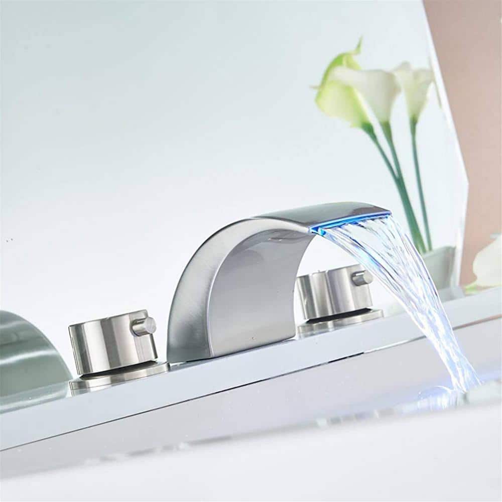 Brushed Nickel LED Waterfall Widespread Bathroom Faucet