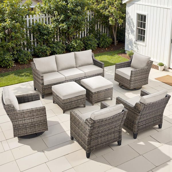 Hort Gray 7-Piece Outdoor Lawn Furniture Set Patio Conversation Set with Beige Cushions and Swivel Glider Rocking Chairs