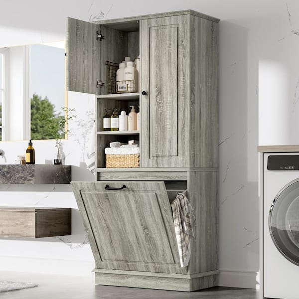 68-inch Oak MDF Kitchen Storage Cabinet, Freestanding Linen Cabinet with Flip-Out Basket and Adjustable Shelves