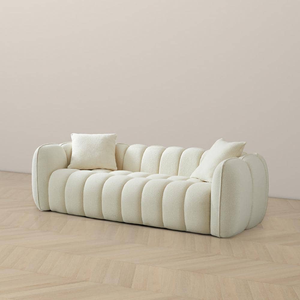 Cream White Tufted Microfiber 3-Seater Sofa with Wood Base