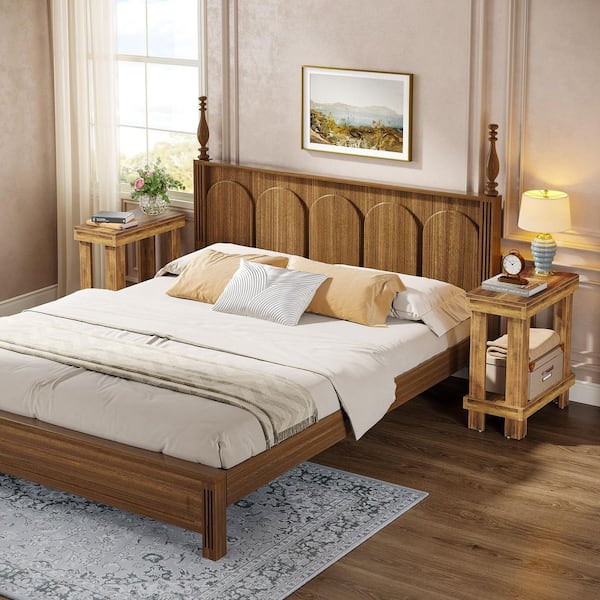 BYBLIGHT Kerlin 23.62 in. Rustic Brown Wood Rectangle End Table, 2-Tier Storage Nightstand for Living Room Bedroom Home 2-Pieces