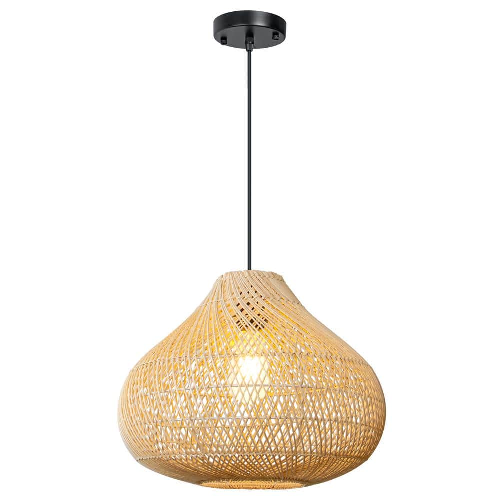 1-Light Black and Natural Rattan Large Boho Hand Woven Coastal Wicker Penda