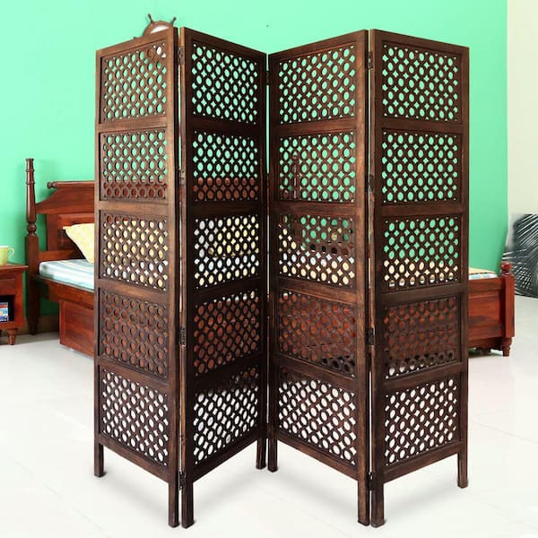 Decorative Four Panel 5 ft. 9 in. Brown Mango Wood Hinged Room Divider with Circular Cutout Design