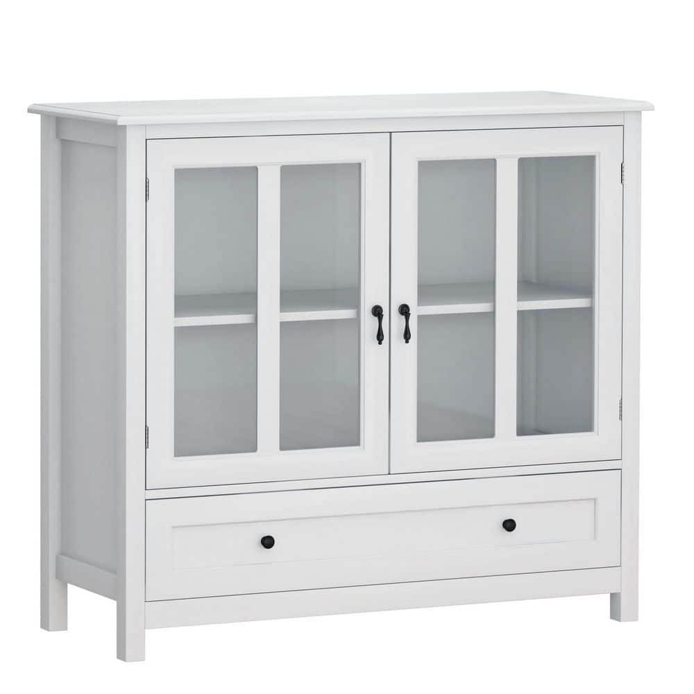 Modern White MDF 39.3 in. Buffet Cabinet with 2 Glass Doors, Unique Bell Ha