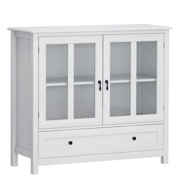 Unbranded Modern White MDF 39.3 in. Buffet Cabinet with 2 Glass Doors, Unique Bell Handles and Big Drawers Sideboard Cupboard