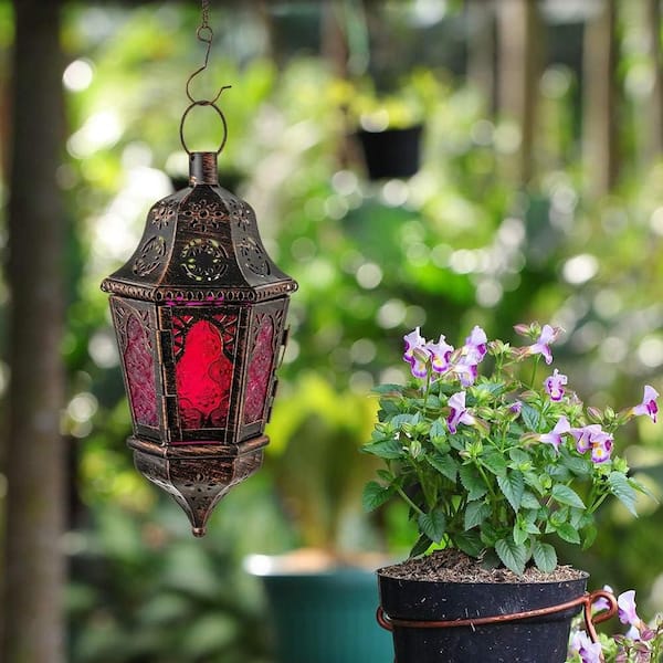 13.6 in. x 6 in. Bronze Metal Vintage Hanging Lantern with Purple Glass, No Candle
