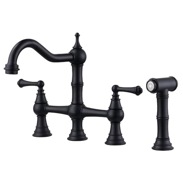 WOWOW Classic Double Handle Bridge Kitchen Faucet with Side Sprayer in Matte Black