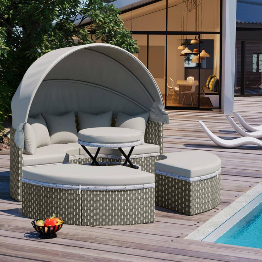 Wicker/Rattan Round Patio Daybed Outdoor Sofa Set with Retractable Canopy and Removable Cushion