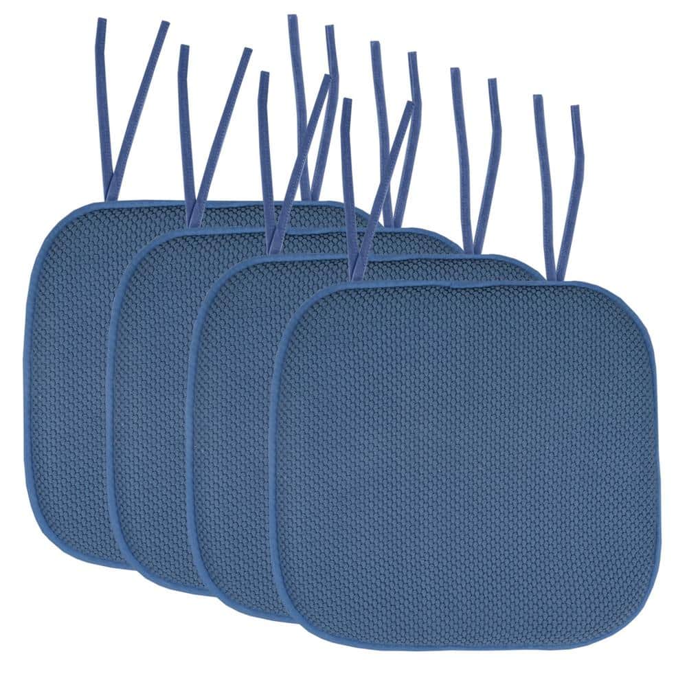 Sweet Home Collection Honeycomb Memory Foam Square 16 in. x 16 in. Non-Slip Back Chair Cushion with Ties (4-Pack), Blue