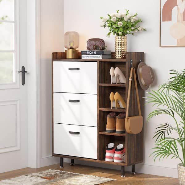 BYBLIGHT 31.5 in. W Brown Oak 24-Pairs Shoe Storage Cabinet, Free-Standing  Tipping Bucket Shoe Cabinet for Entryway BB-JW0280GX - The Home Depot