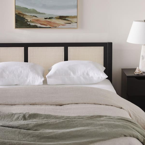 Modern Black Wood Frame Queen Platform Bed with Wood and Rattan Panel Headboard