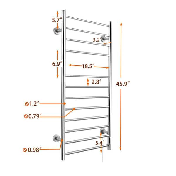 12-Bar Heated Towel Warmer Drying Racks Wall Mounted with Timer Stainless Steel Plug-In or Hardwired in Silver