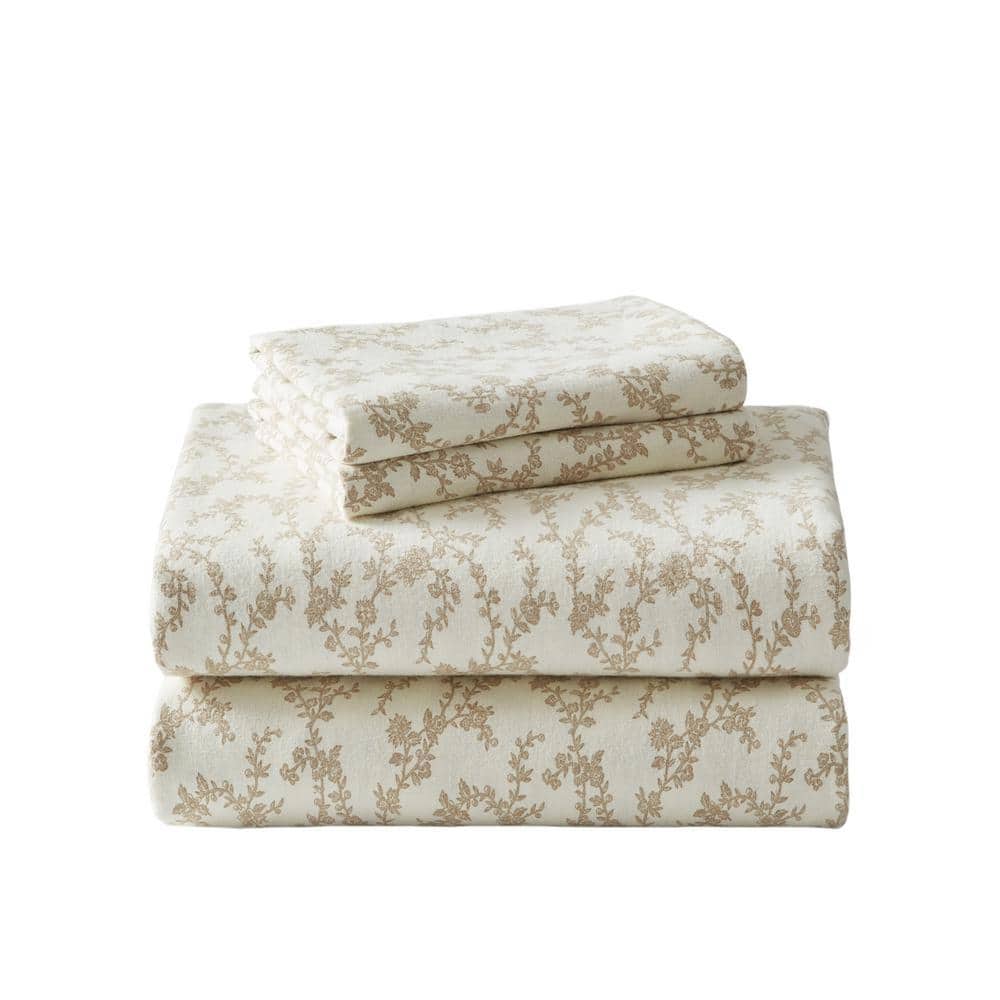 Laura Ashley Victoria 4-Piece Beige Floral Flannel Queen Sheet Set