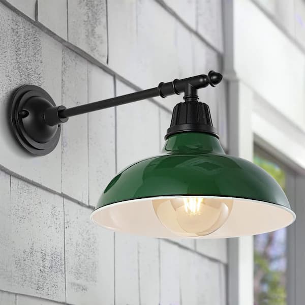 JONATHAN Y Wallace 12.25 in. Green 1-Light Farmhouse Industrial Indoor/Outdoor Iron LED Victorian Arm Outdoor Sconce