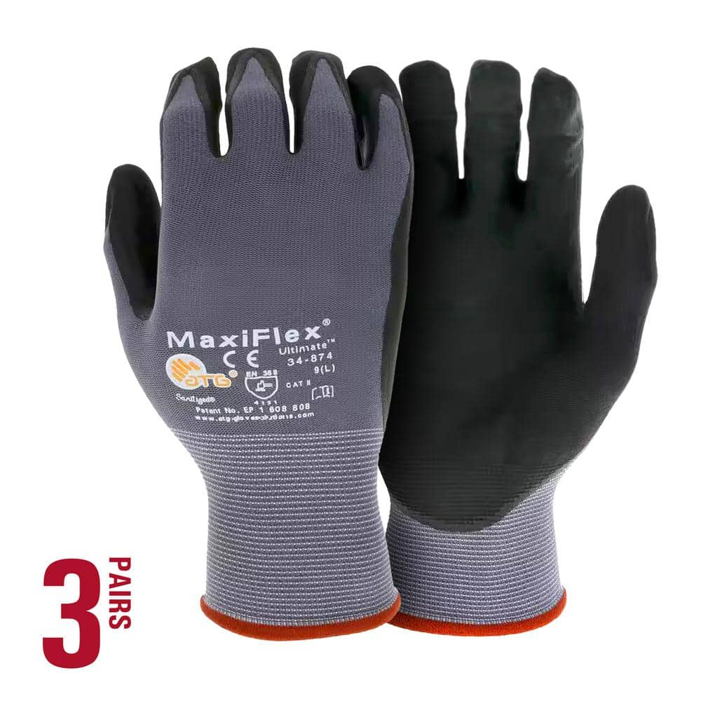 ATG MaxiFlex Ultimate Men s Large Gray Nitrile Coated Outdoor and Work Gloves with Touchscreen Capability 3 Pack 34 874 L3P The Home Depot