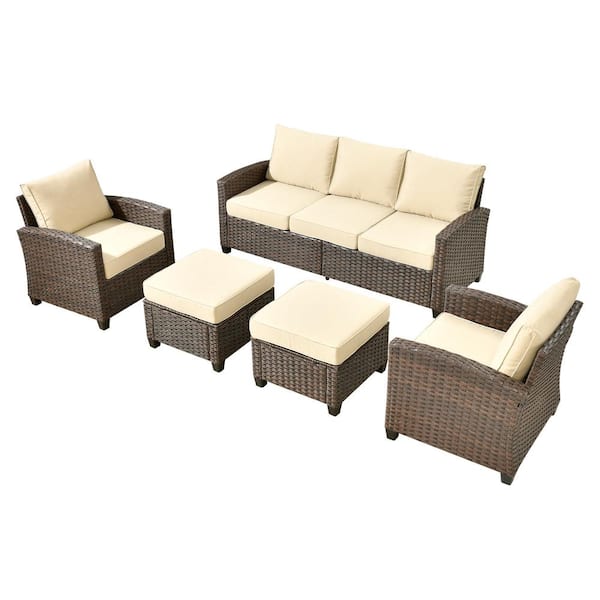 Palermo Brown 5-Piece Relaxing Modern Wicker Modular Outdoor Patio Conversation Sofa Set with Beige Cushions