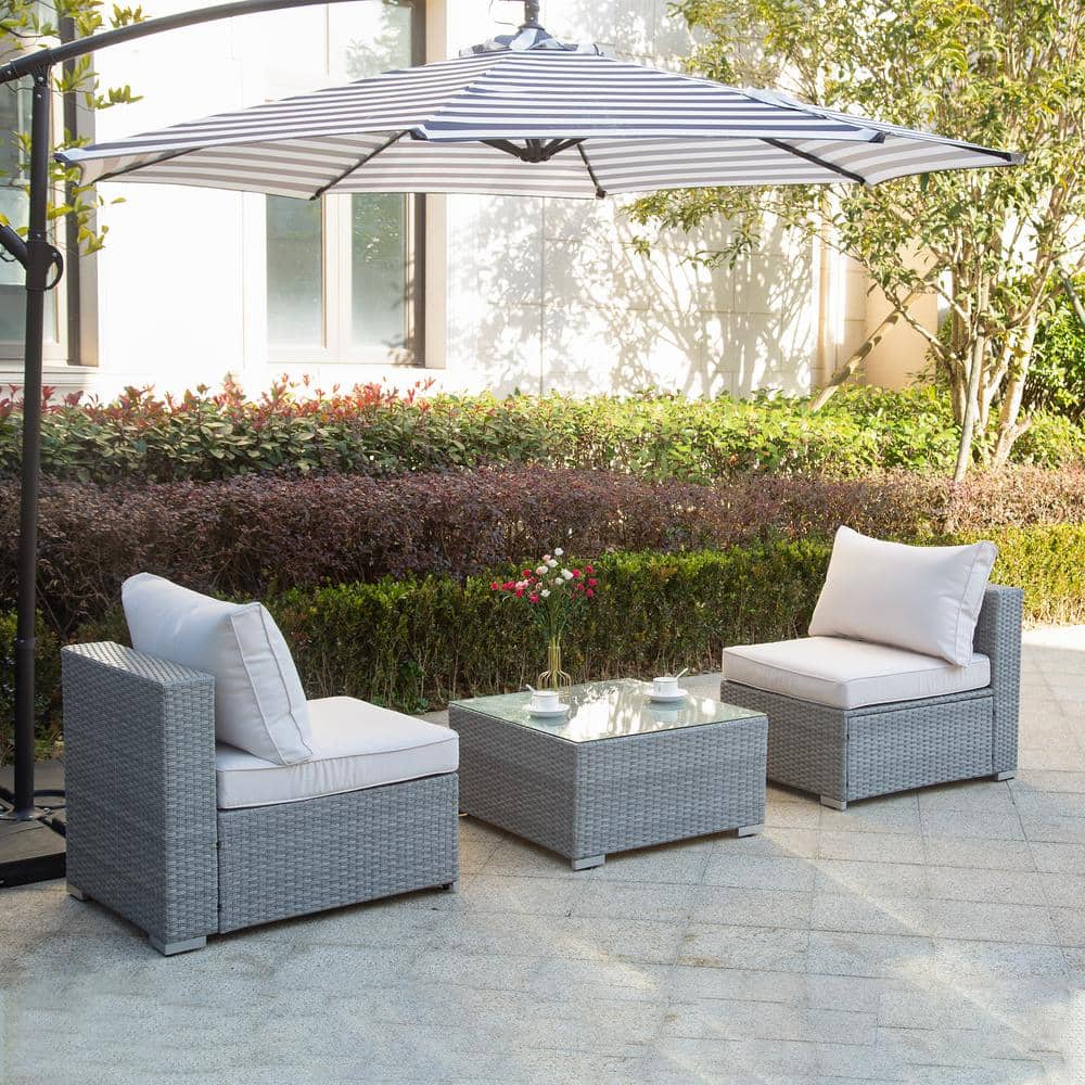 Gray Rattan 3-Piece Outdoor Sofa Set with Ivory Cushions