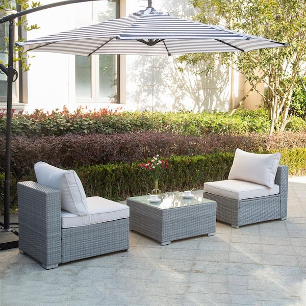 JAZZY 3-Piece Rattan Seating Group with Gray/Ivory Cushions