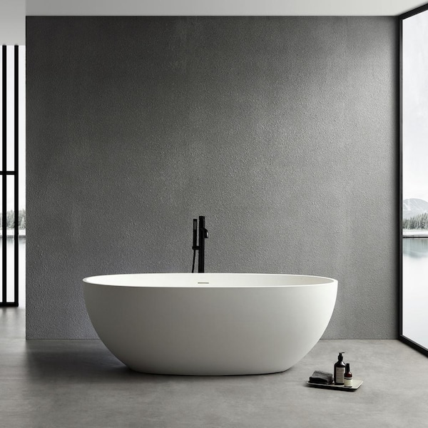 ANGELES HOME 65 in. Stone Resin Solid Surface Matte Flatbottom Freestanding Bathtub in White
