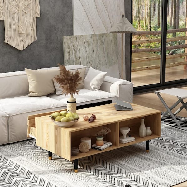 FUFU&GAGA 39.4 in. Width Burly Wood Rectangle Wooden End Table with Open Shelves and Drawers for Living Room Storage