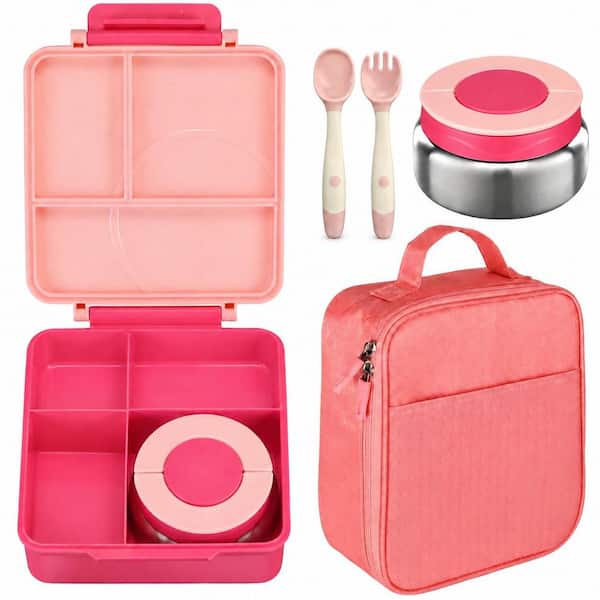 Pink Kids Lunch Bag Set with 8 oz. Soup Thermo, Insulated Bag, Utensils and 4 Compartment Container