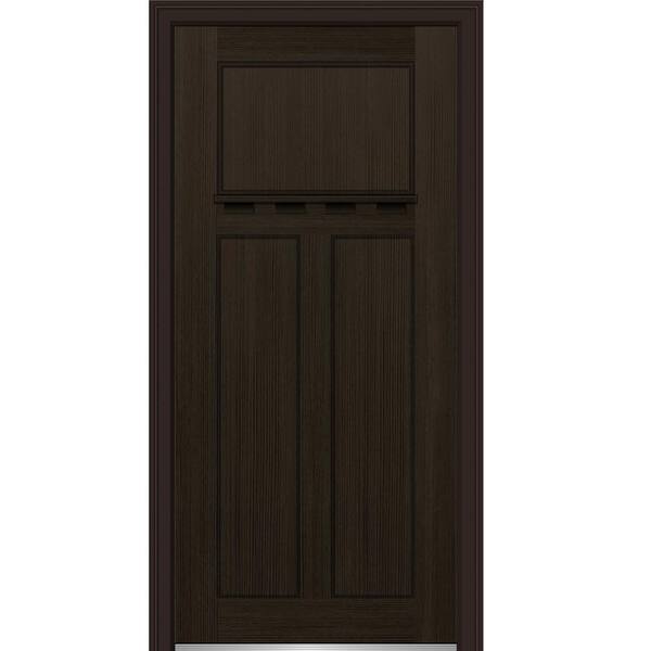 MMI Door 32 in. x 80 in. Shaker Right-Hand Craftsman 3-Panel Stained Fiberglass Fir Prehung Front Door with Dentil Shelf