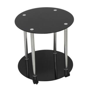 Black Glass and Chrome 2-Tier Wheeled Side/Lamp/End or Occasional Table
