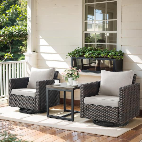 Opohoro Brown 3-Piece Wicker Patio Conversation Set, Outdoor Swivel Rocking Chairs with Side Table and Beige Cushions for Porch