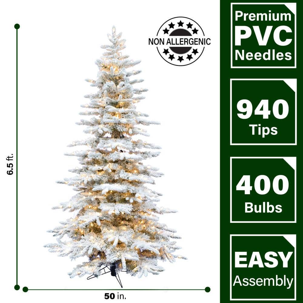 6.5 ft. White Flocked Pine Christmas Tree with LED Lights