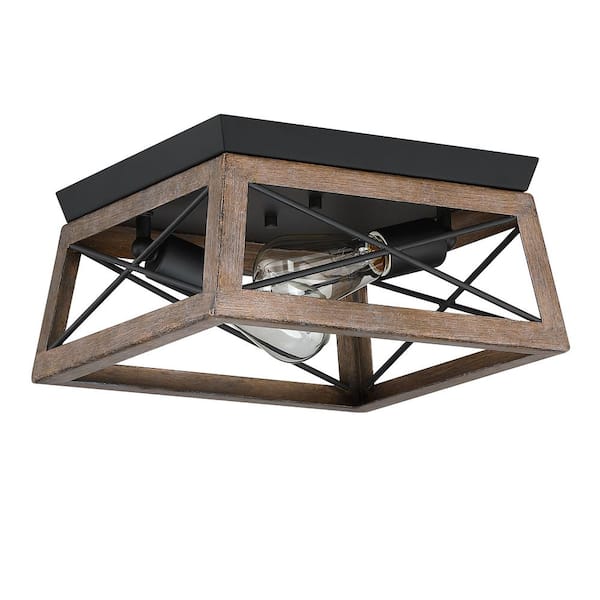 Faymart lighting 12 in. W. 2-Light Flush Mount with Matte Black finish and Bronze Wood Accents