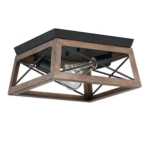 12 in. W. 2-Light Flush Mount with Matte Black finish and Bronze Wood Accents