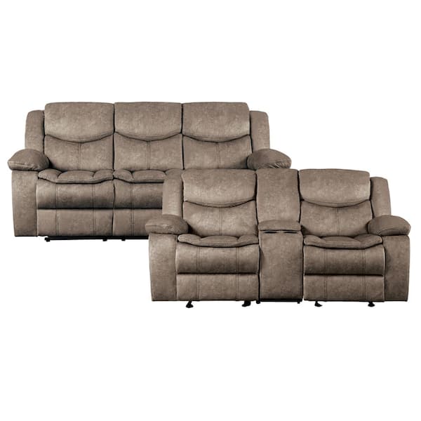 Lazzara Austin 87.5 in. W Pillow Top Arm Microfiber Rectangle Manual Reclining Sofa Set in Brown, 2-Piece