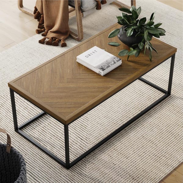 Nathan James Doxa 44 in. Light Brown/Black Large Rectangle Wood Coffee Table with Metal Box Frame