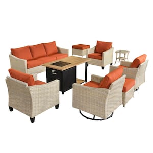 Oconee 9-Piece Wicker Patio Conversation Sofa Set with Swivel Rocking Chairs, a Storage Fire Pit and Orange Red Cushions