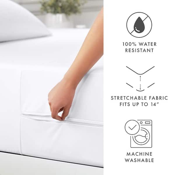 Linen Studio Mattress Protector Calking Microfiber Spill Proof Bed Bug Premium Zipper Encasement, White